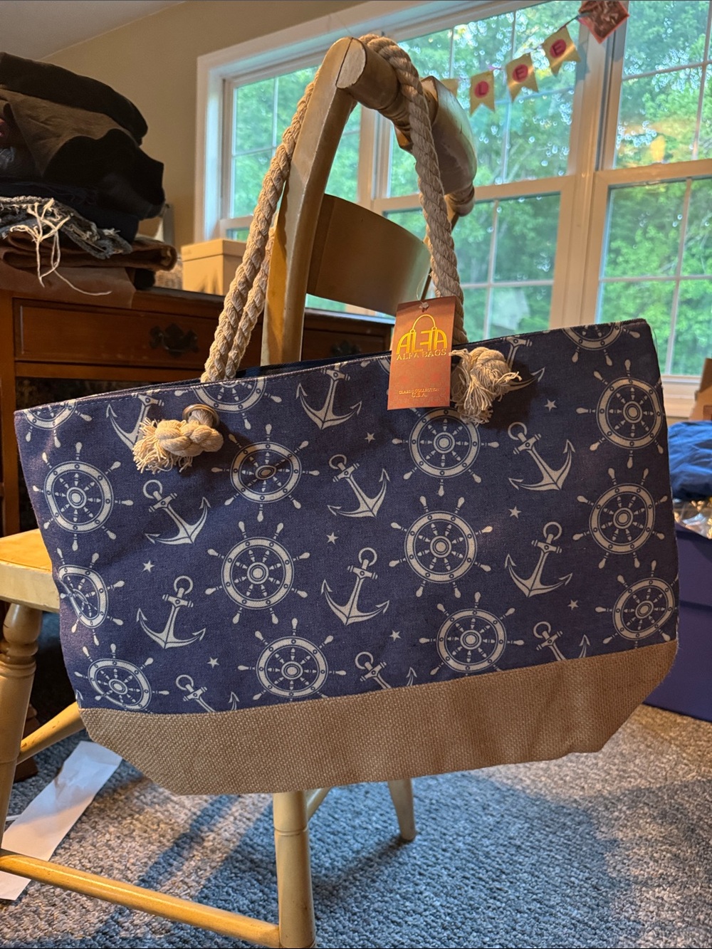 Nautical Navy Canvas Rope Tote Bag